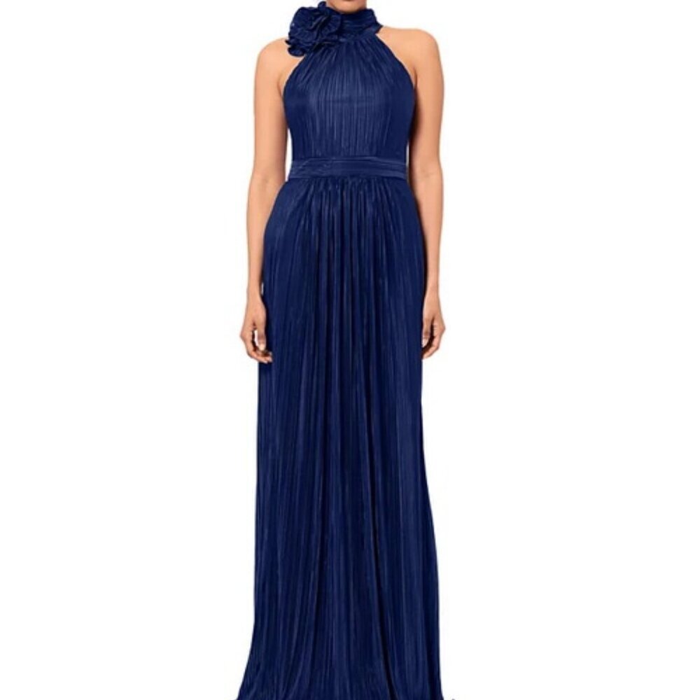 Betsy & Adam Navy Blue Rosette Pleated Gown